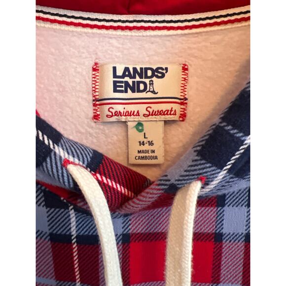 Lands' End Serious Sweats Hooded Lounger Gown Red White Blue Plaid Size L - Picture 8 of 14